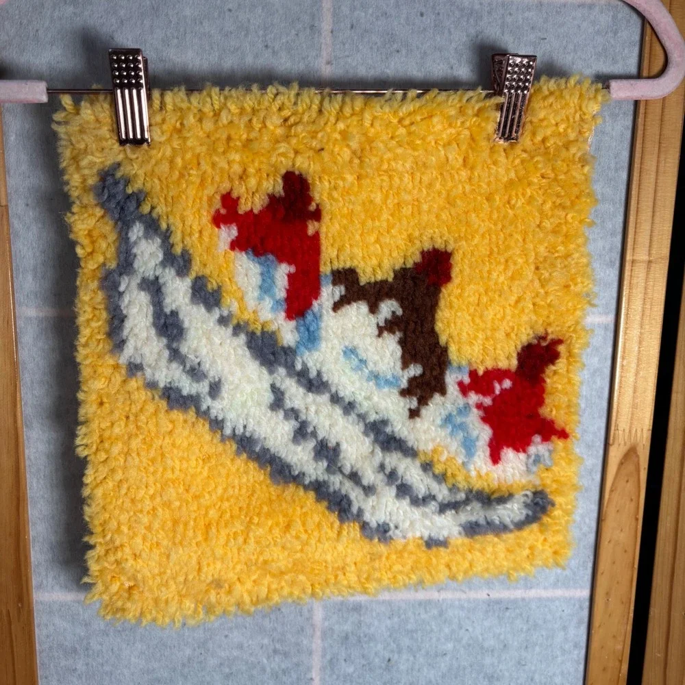 Handmade‎ Yellow Rug Hooking Art Square 12x12 Banana Split Ice Cream Sundae